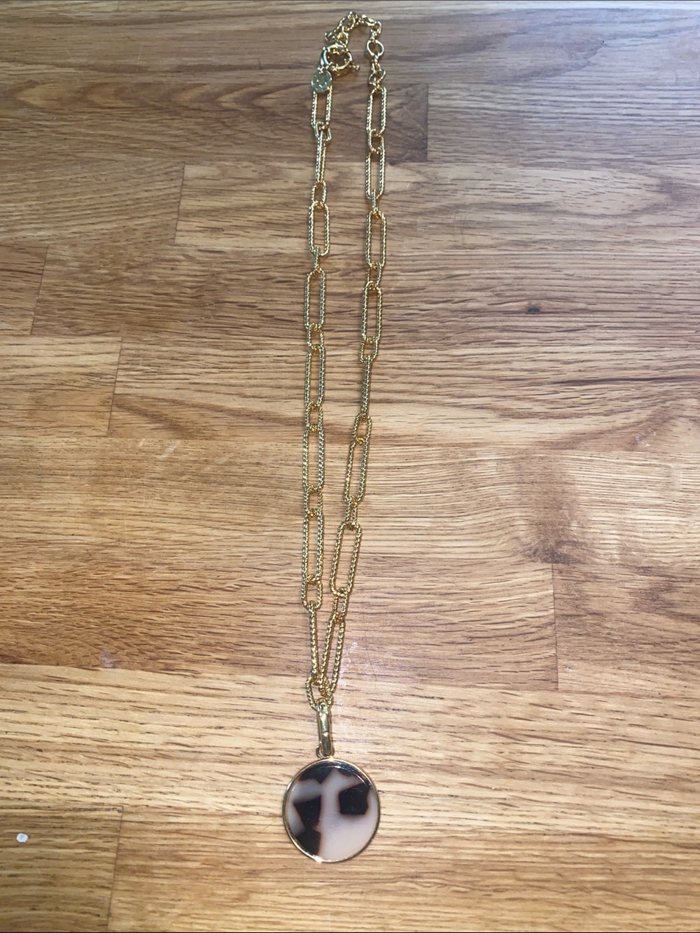 Talbots Gold-Tone Chain Necklace with Beige and Black Tortoiseshell Pendant